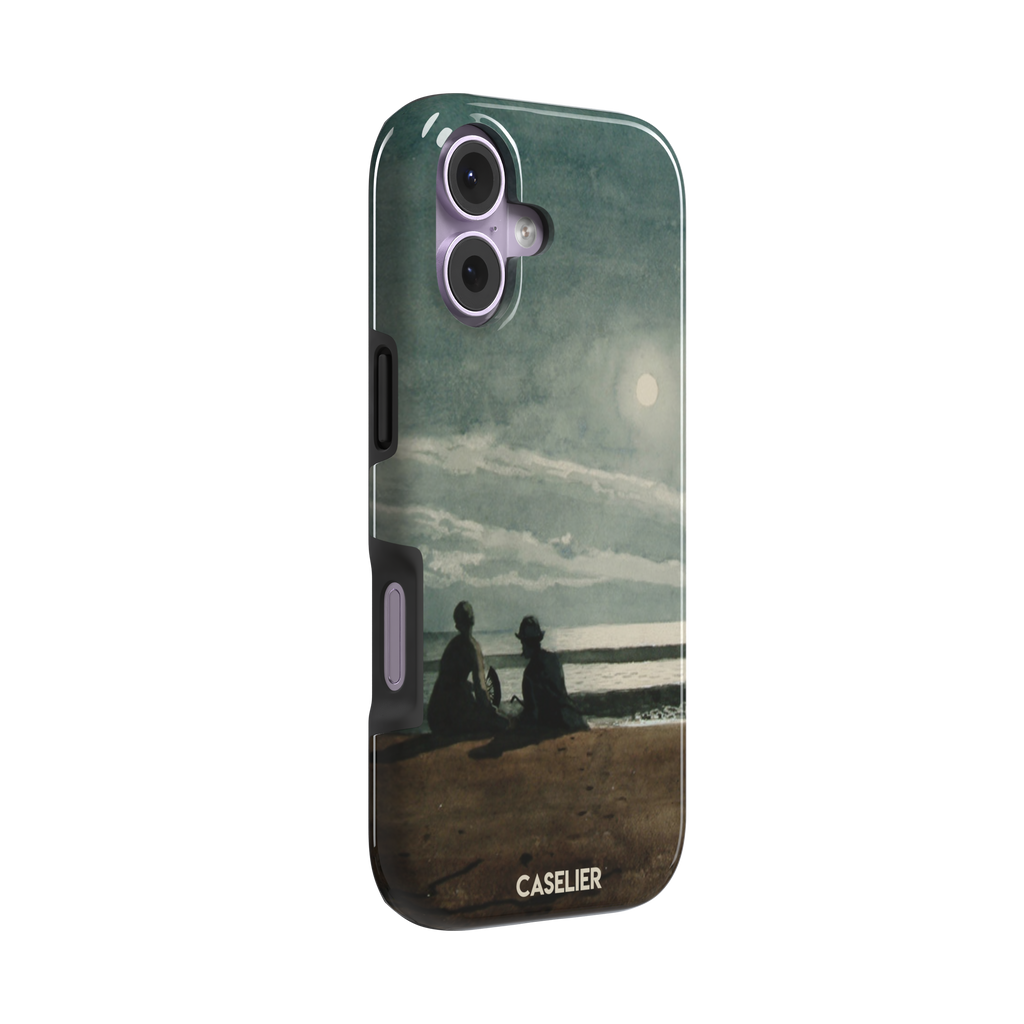 Winslow Homer Moonlight painting phone case showing two silhouetted figures on a moonlit beach with a glowing full moon over a grey-green sea, phone case by Caselier — tough case, left view