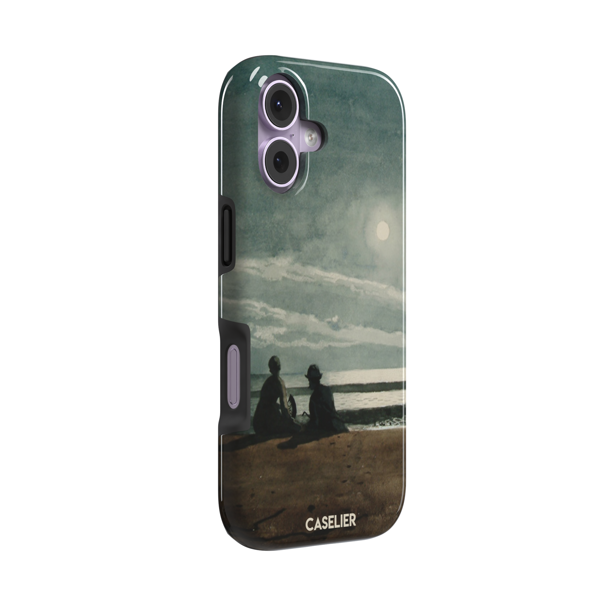 Winslow Homer Moonlight painting phone case showing two silhouetted figures on a moonlit beach with a glowing full moon over a grey-green sea, phone case by Caselier — tough case, left view