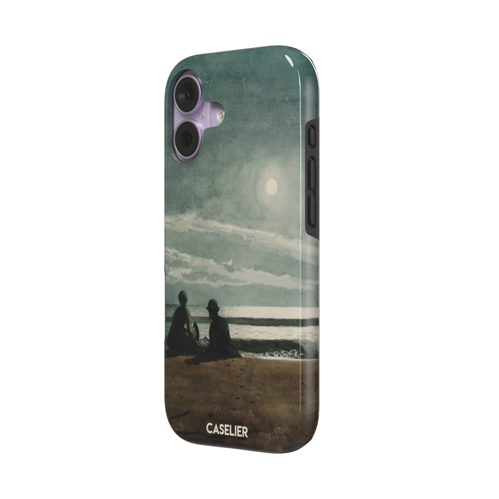 Winslow Homer Moonlight painting phone case showing two silhouetted figures on a moonlit beach with a glowing full moon over a grey-green sea, phone case by Caselier — tough case, right view