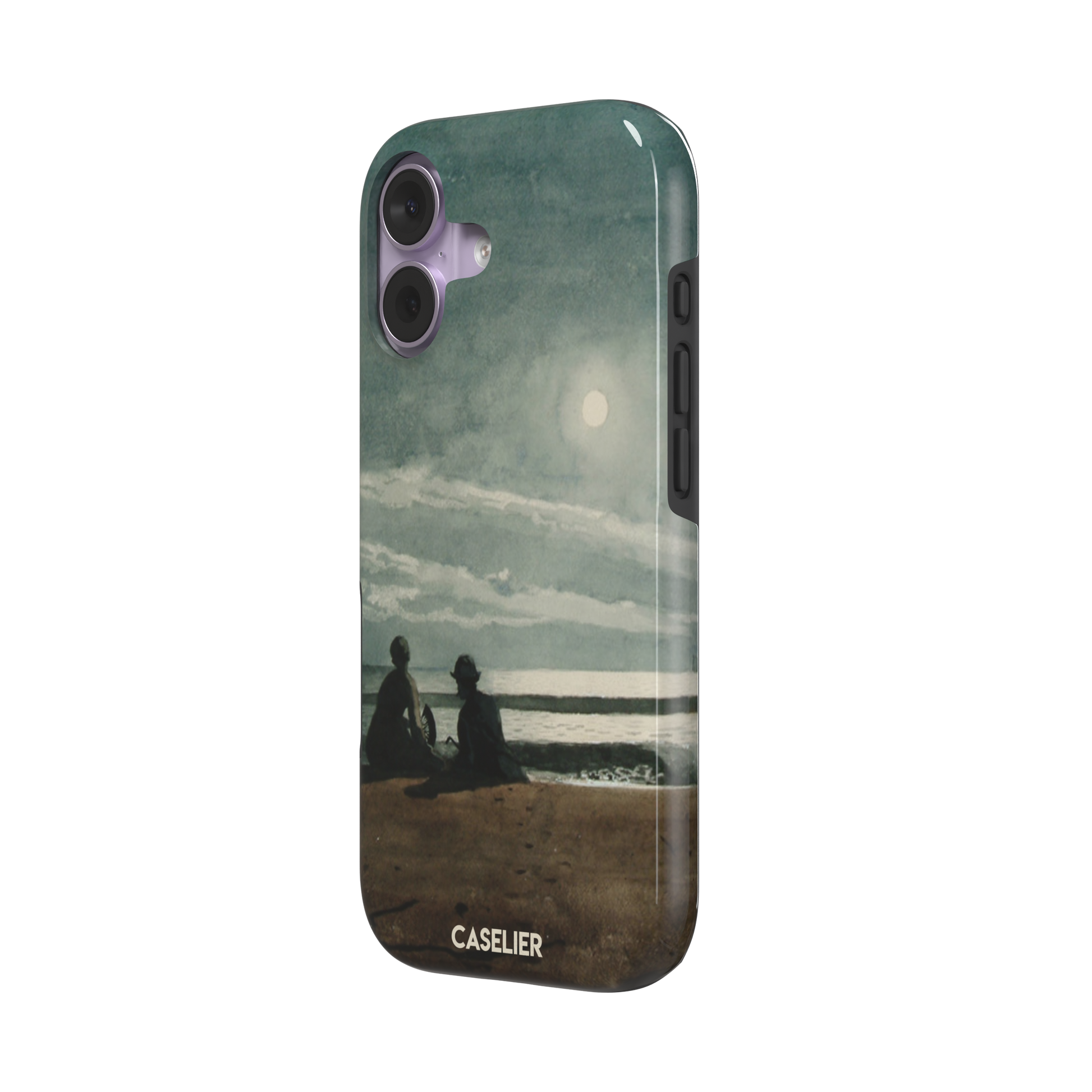 Winslow Homer Moonlight painting phone case showing two silhouetted figures on a moonlit beach with a glowing full moon over a grey-green sea, phone case by Caselier — tough case, right view