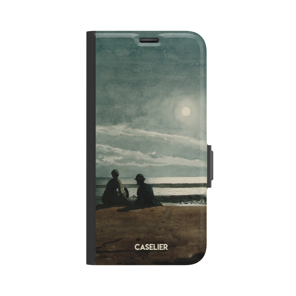 Winslow Homer Moonlight painting phone case showing two silhouetted figures on a moonlit beach with a glowing full moon over a grey-green sea, phone case by Caselier — wallet case, front view