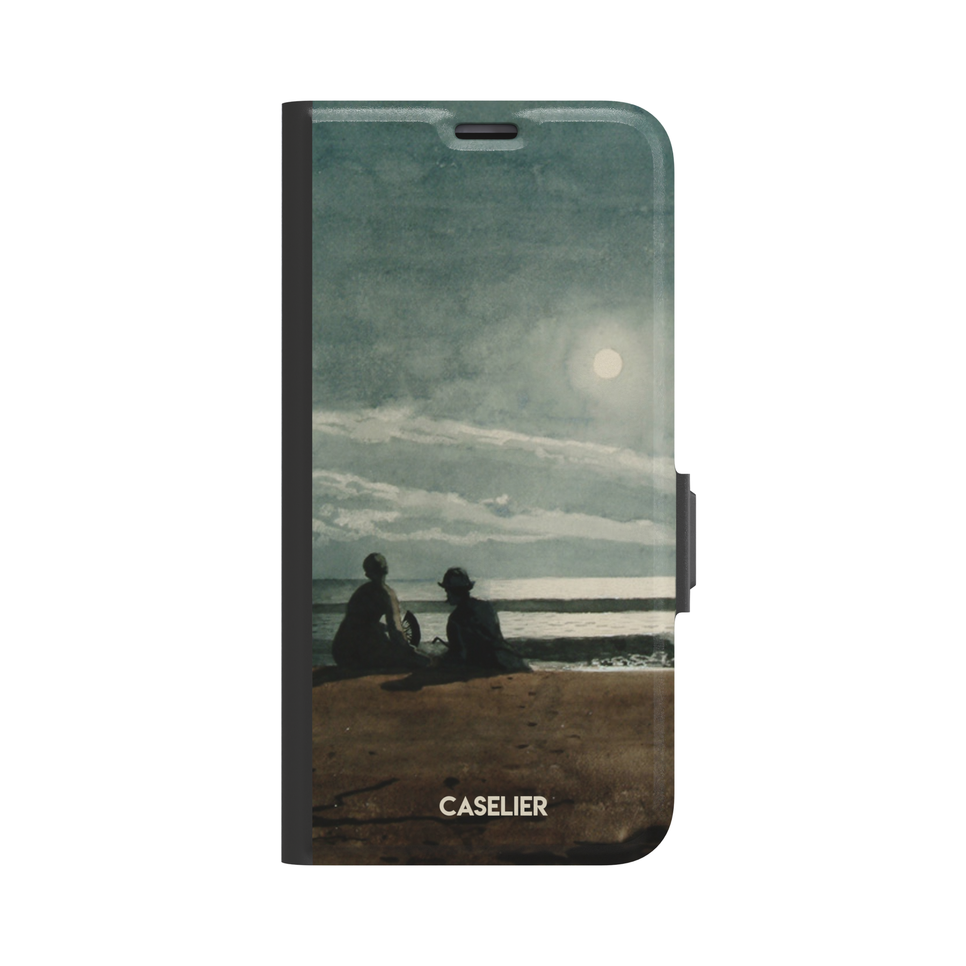 Winslow Homer Moonlight painting phone case showing two silhouetted figures on a moonlit beach with a glowing full moon over a grey-green sea, phone case by Caselier — wallet case, front view