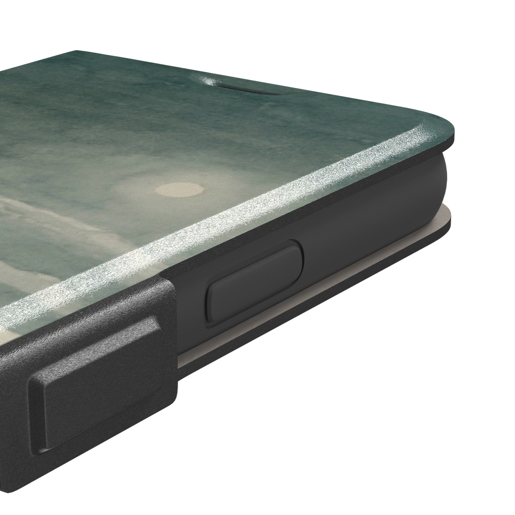 Winslow Homer Moonlight painting phone case showing two silhouetted figures on a moonlit beach with a glowing full moon over a grey-green sea, phone case by Caselier — wallet case, volume buttons detail
