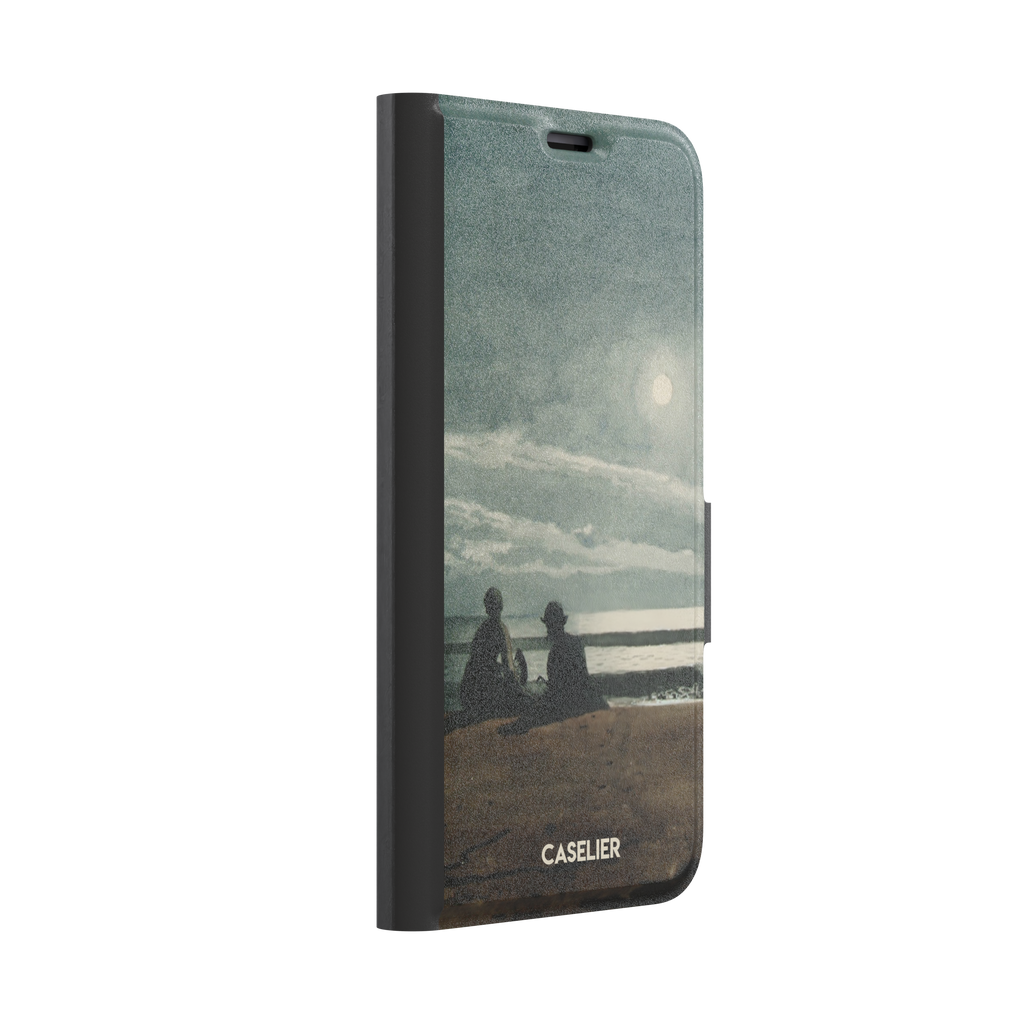 Winslow Homer Moonlight painting phone case showing two silhouetted figures on a moonlit beach with a glowing full moon over a grey-green sea, phone case by Caselier — wallet case, left view