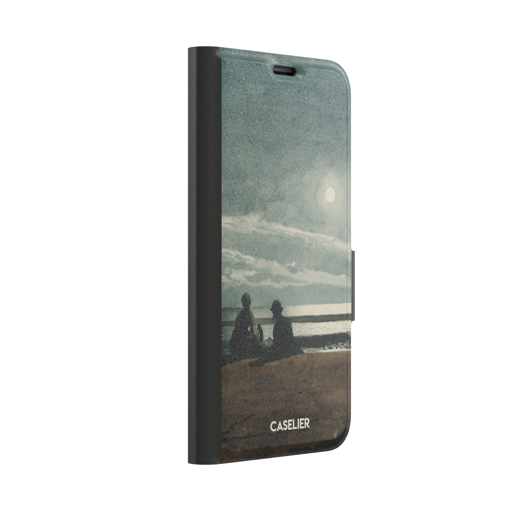 Winslow Homer Moonlight painting phone case showing two silhouetted figures on a moonlit beach with a glowing full moon over a grey-green sea, phone case by Caselier — wallet case, left view