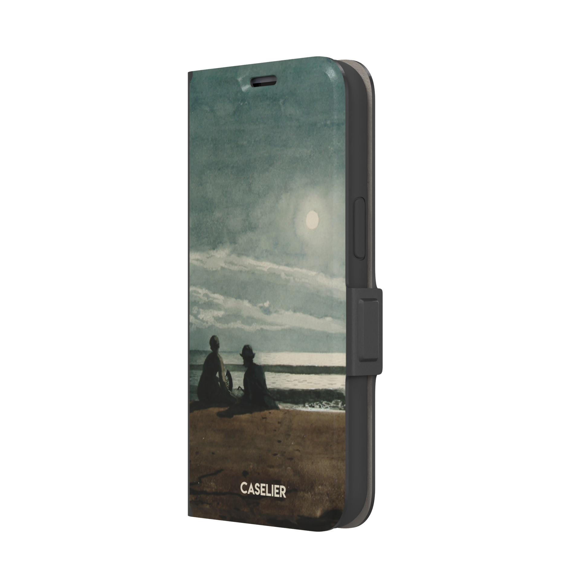 Winslow Homer Moonlight painting phone case showing two silhouetted figures on a moonlit beach with a glowing full moon over a grey-green sea, phone case by Caselier — wallet case, right view