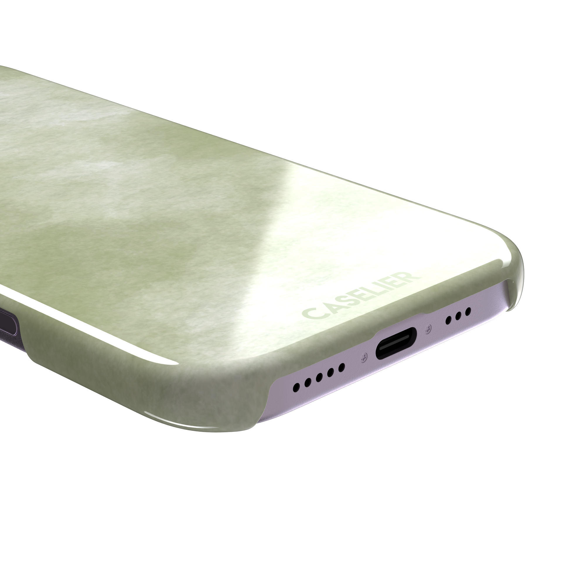 Moss soft sage green watercolor wash phone case, by Caselier — snap case, charging port detail