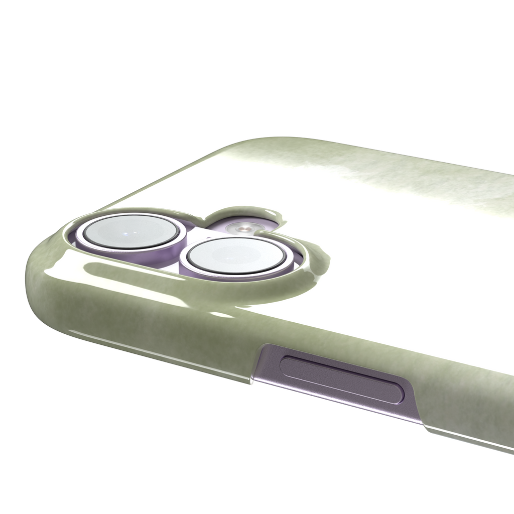Moss soft sage green watercolor wash phone case, by Caselier — snap case, volume buttons detail