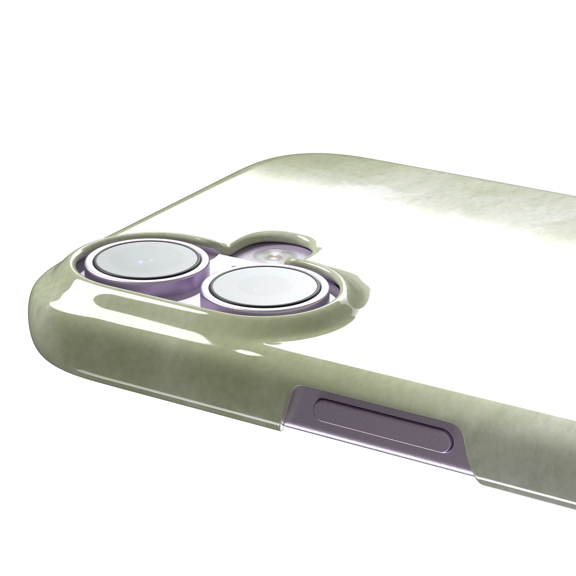 Moss soft sage green watercolor wash phone case, by Caselier — snap case, volume buttons detail