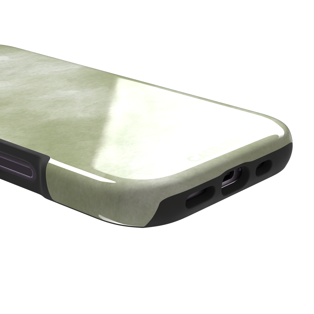 Moss soft sage green watercolor wash phone case, by Caselier — tough case, charging port detail