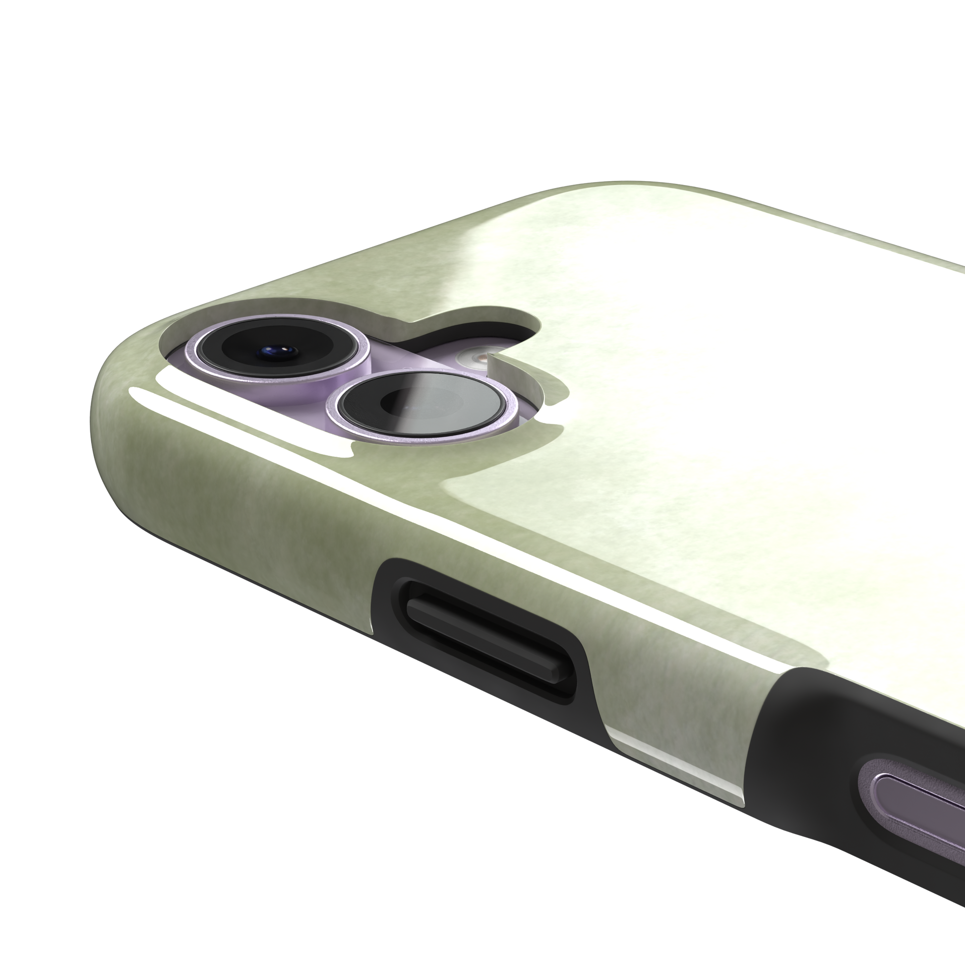 Moss soft sage green watercolor wash phone case, by Caselier — tough case, volume buttons detail