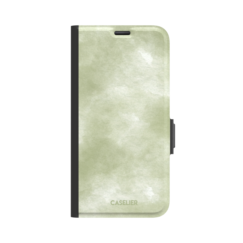 Moss soft sage green watercolor wash phone case, by Caselier — wallet case, front view