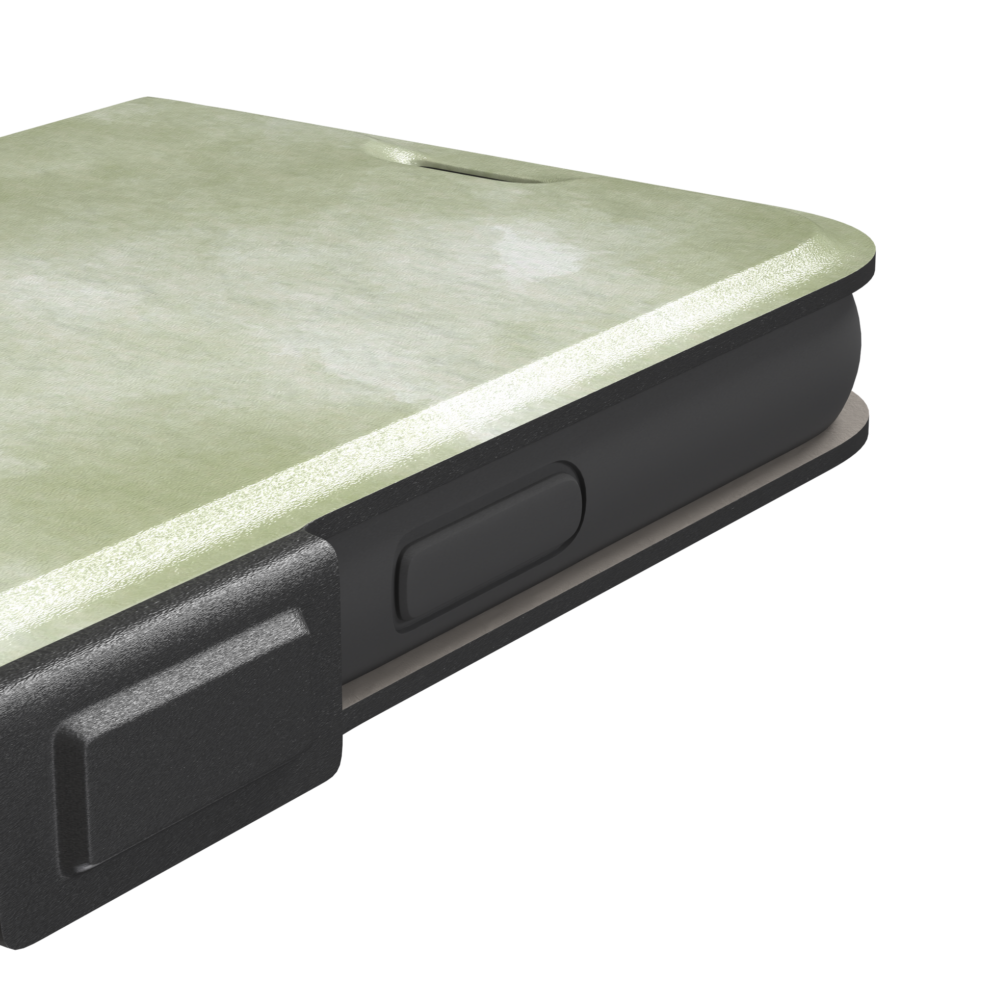 Moss soft sage green watercolor wash phone case, by Caselier — wallet case, volume buttons detail