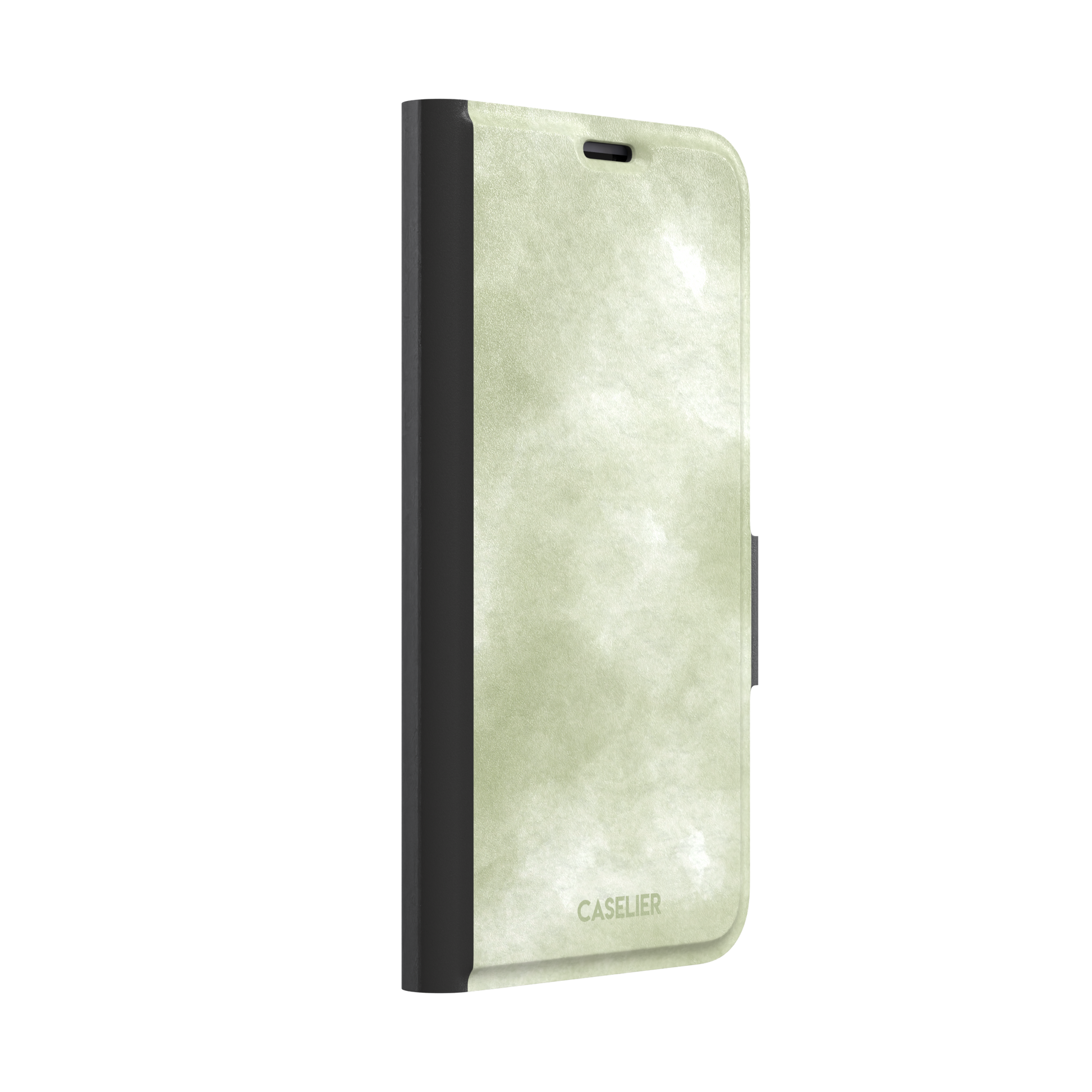 Moss soft sage green watercolor wash phone case, by Caselier — wallet case, left view