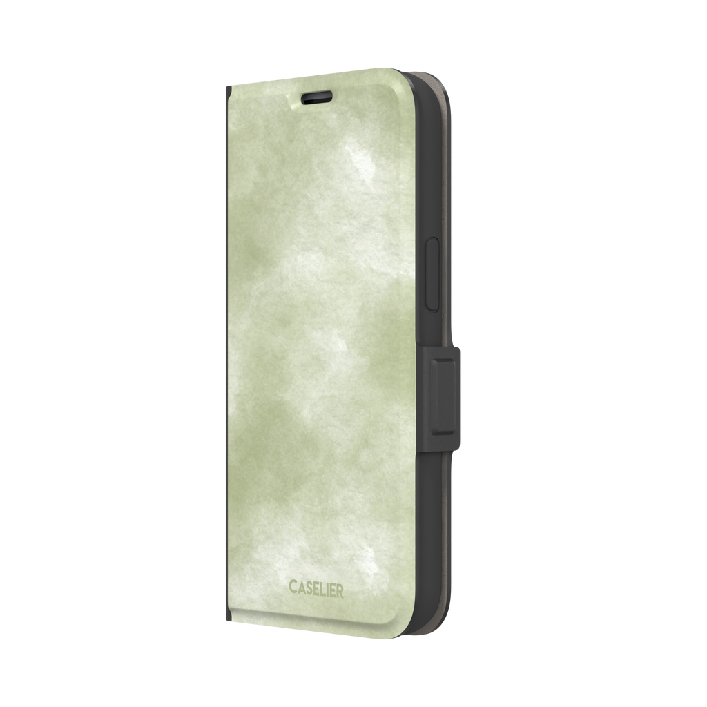 Moss soft sage green watercolor wash phone case, by Caselier — wallet case, right view