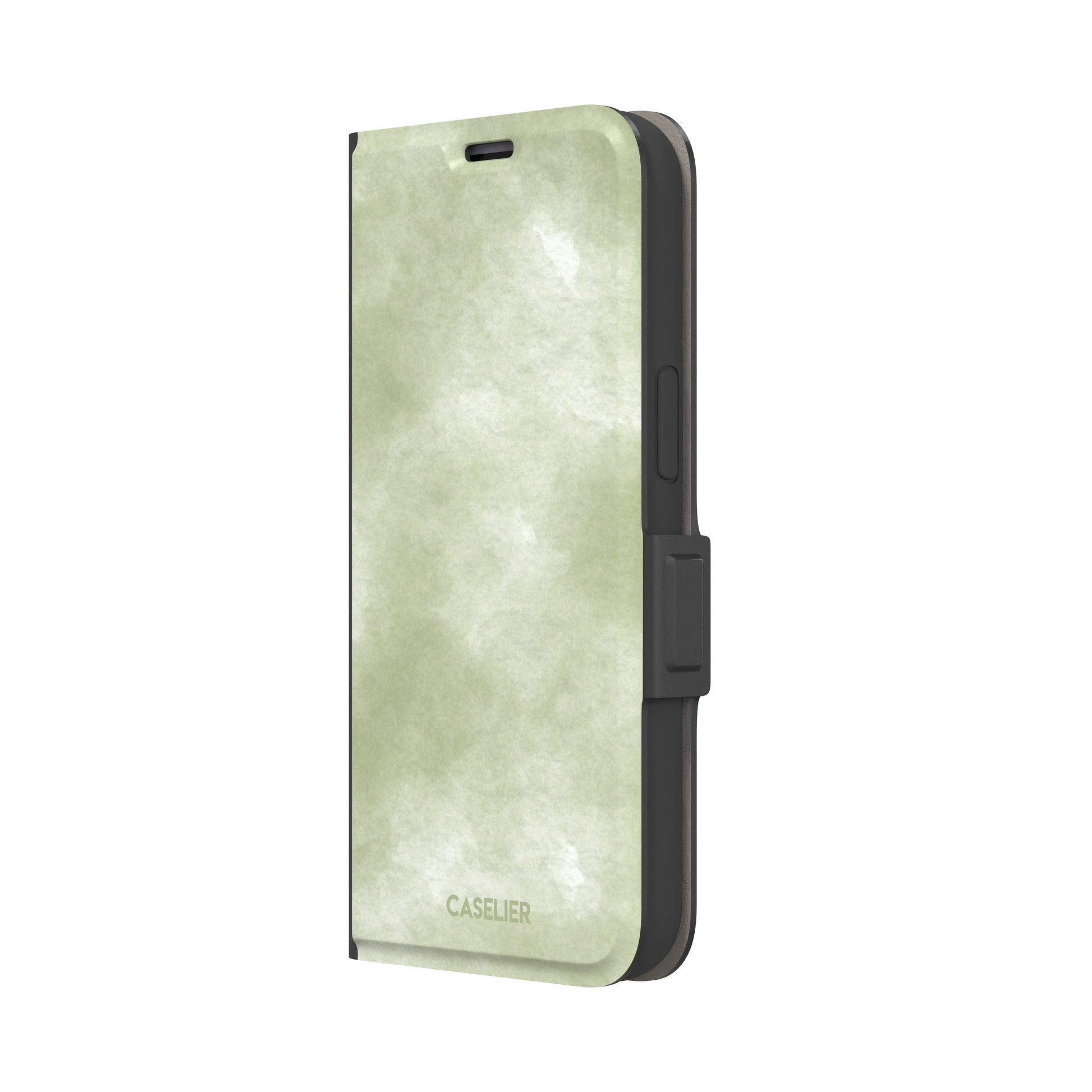 Moss soft sage green watercolor wash phone case, by Caselier — wallet case, right view