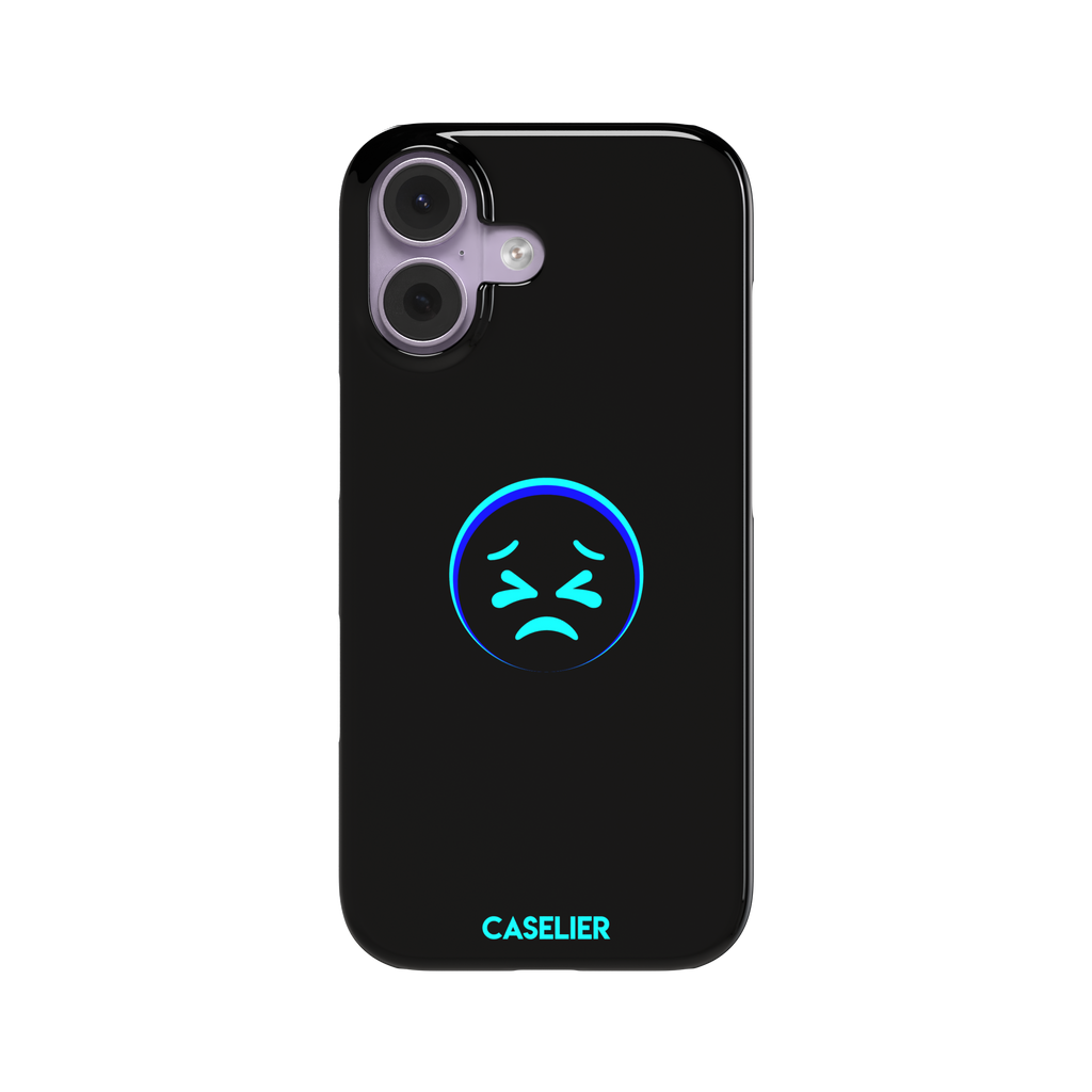 Black phone case with a cyan neon-glow grimacing emoji face centred on the back, phone case by Caselier — snap case, front view