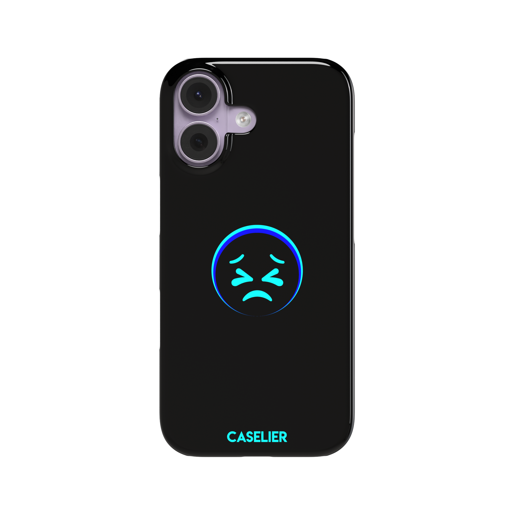 Black phone case with a cyan neon-glow grimacing emoji face centred on the back, phone case by Caselier — snap case, front view