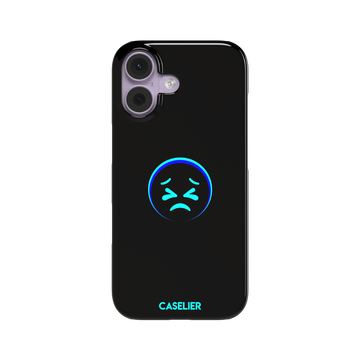 Black phone case with a cyan neon-glow grimacing emoji face centred on the back, phone case by Caselier — snap case, front view
