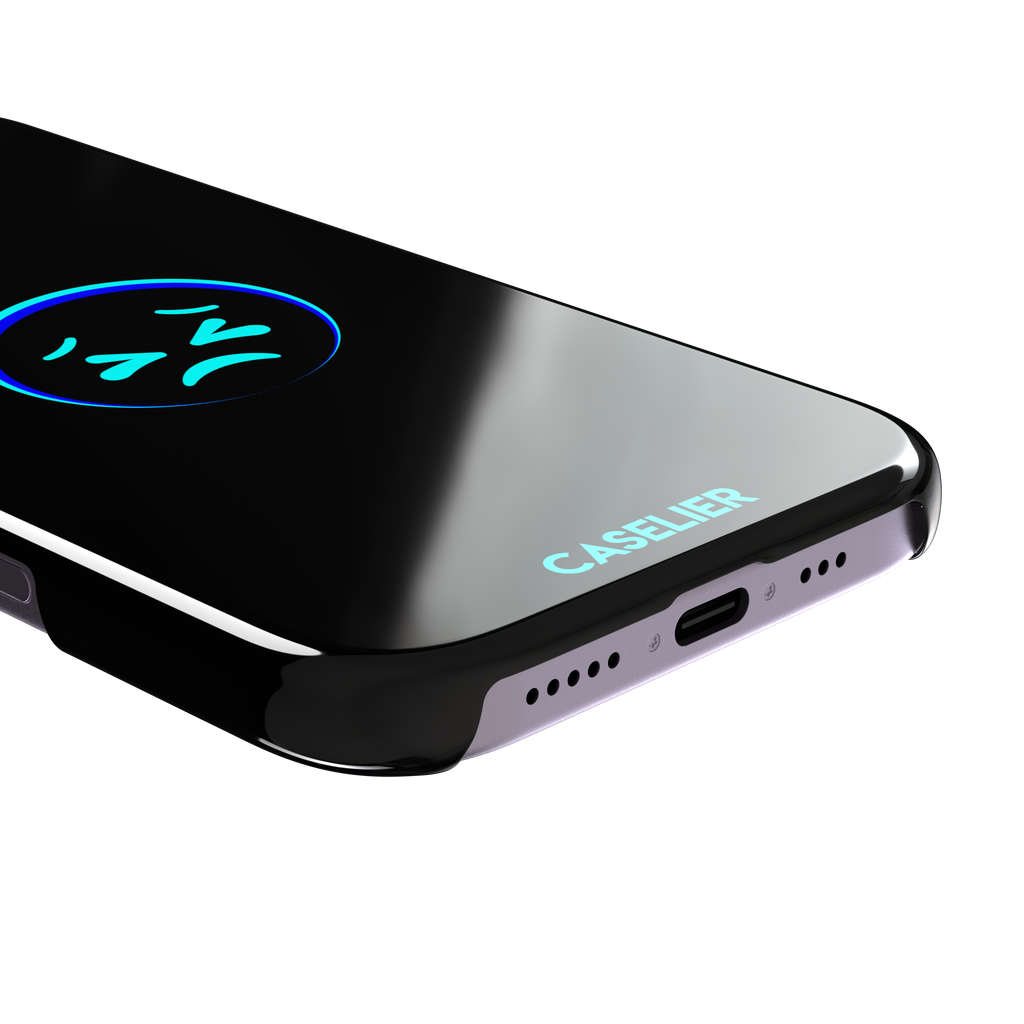 Black phone case with a cyan neon-glow grimacing emoji face centred on the back, phone case by Caselier — snap case, charging port detail