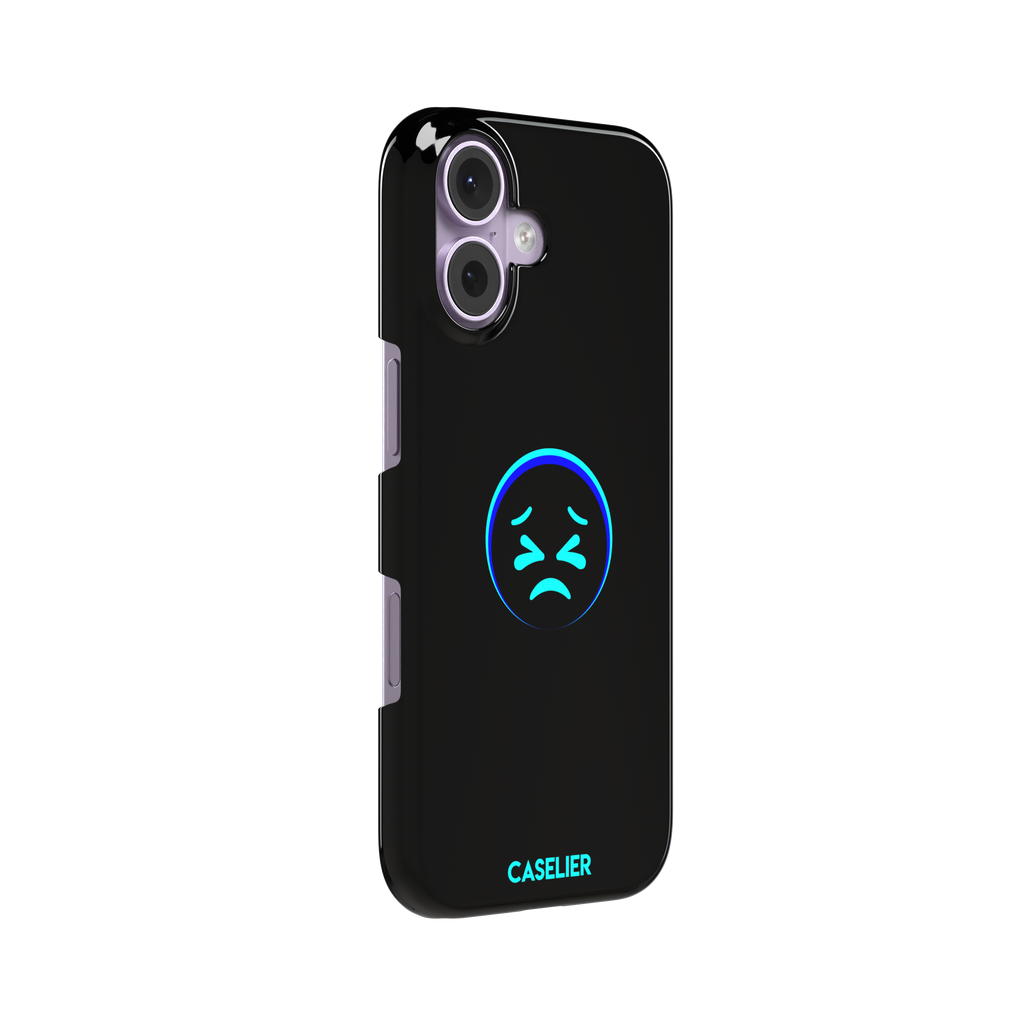 Black phone case with a cyan neon-glow grimacing emoji face centred on the back, phone case by Caselier — snap case, left view
