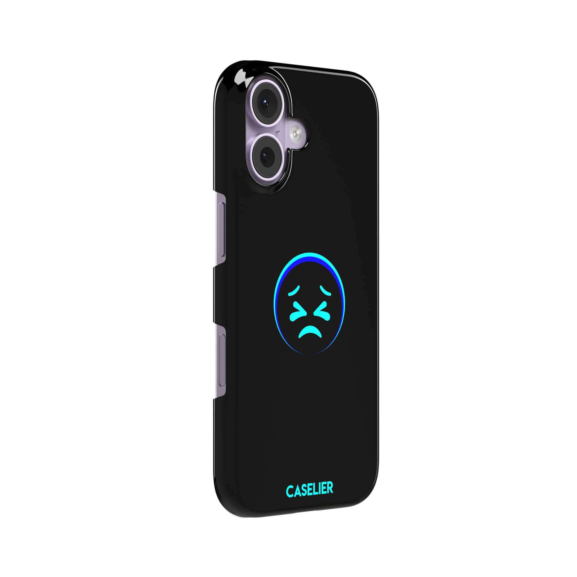 Black phone case with a cyan neon-glow grimacing emoji face centred on the back, phone case by Caselier — snap case, left view