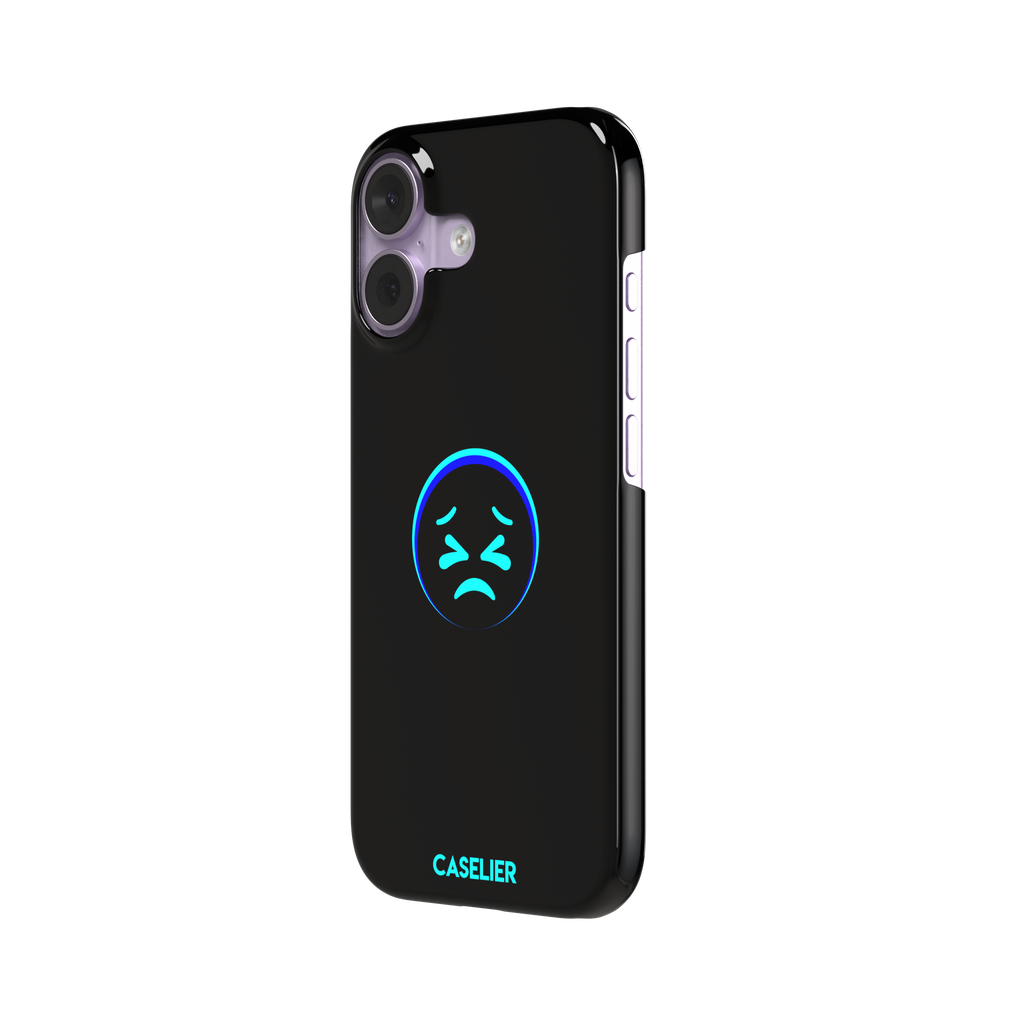 Black phone case with a cyan neon-glow grimacing emoji face centred on the back, phone case by Caselier — snap case, right view