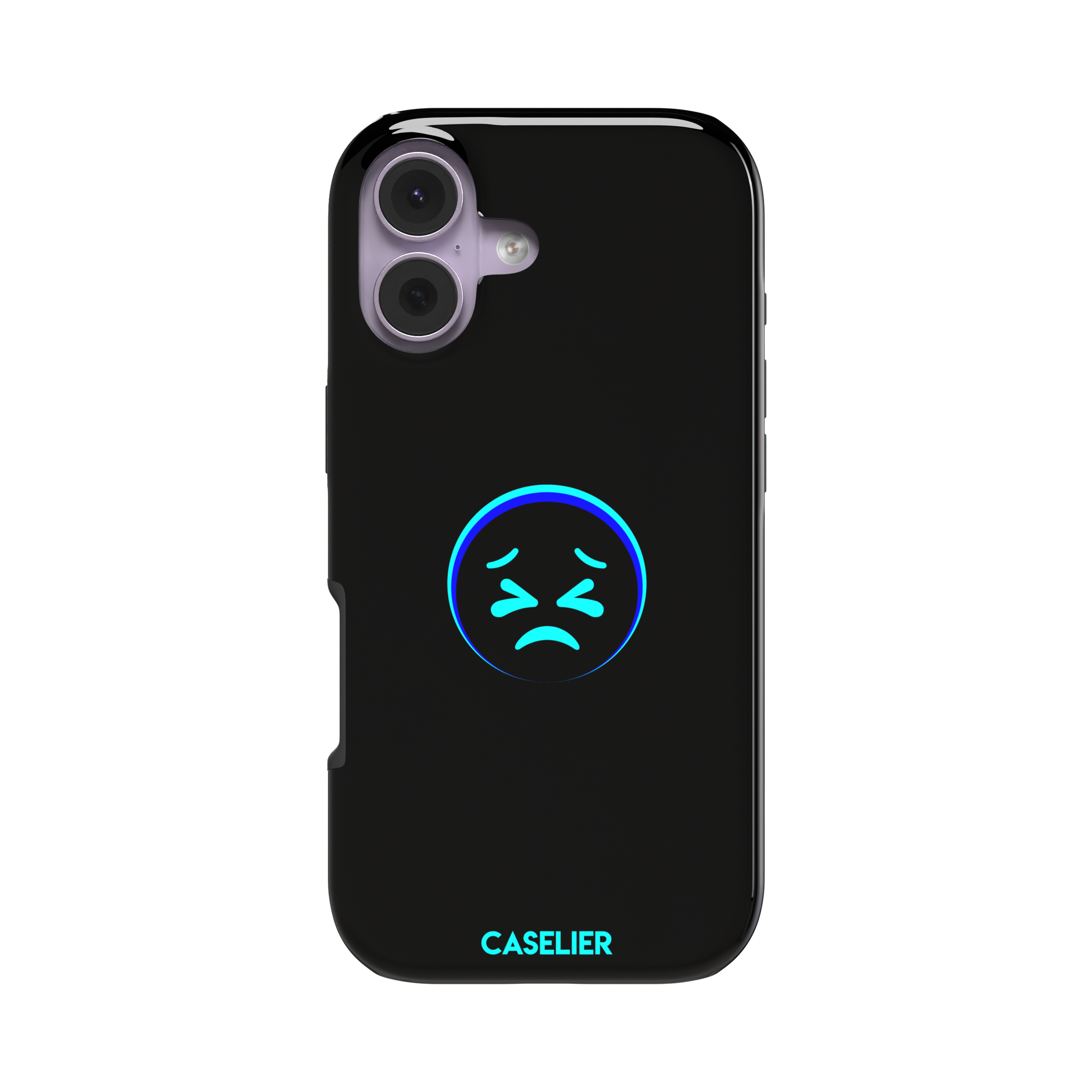 Black phone case with a cyan neon-glow grimacing emoji face centred on the back, phone case by Caselier — tough case, front view