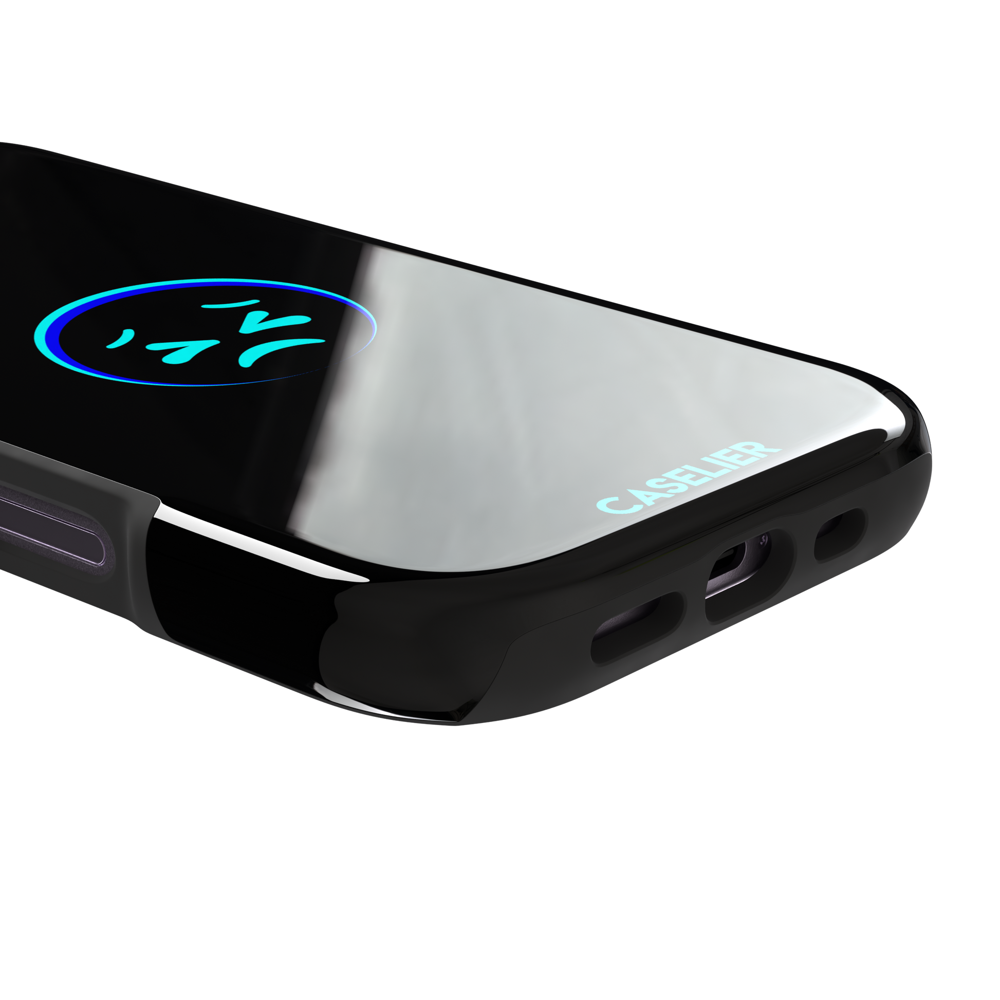 Black phone case with a cyan neon-glow grimacing emoji face centred on the back, phone case by Caselier — tough case, charging port detail