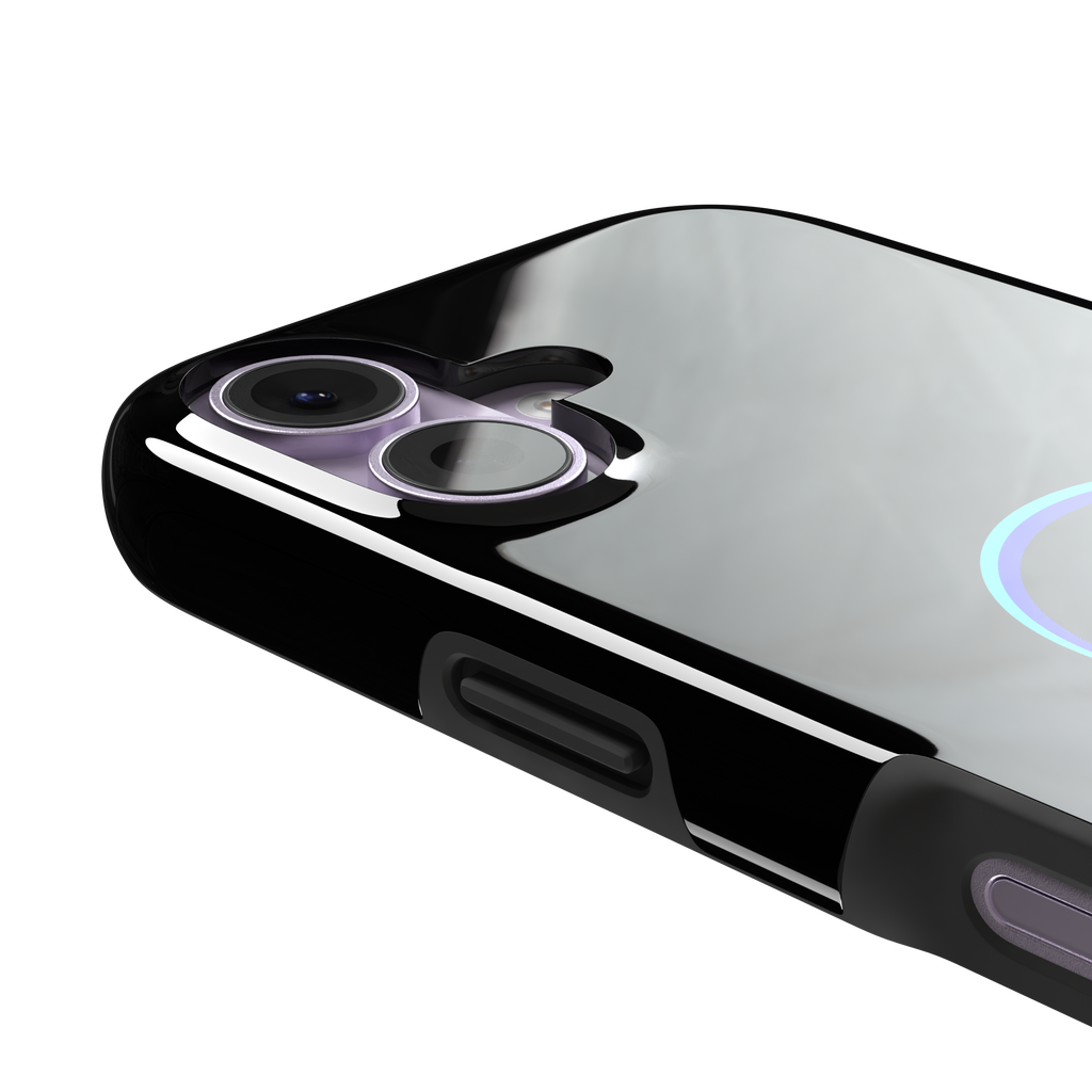 Black phone case with a cyan neon-glow grimacing emoji face centred on the back, phone case by Caselier — tough case, volume buttons detail