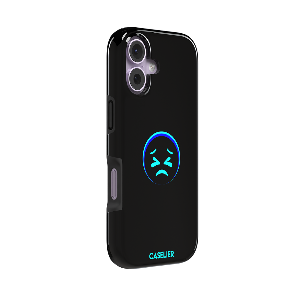 Black phone case with a cyan neon-glow grimacing emoji face centred on the back, phone case by Caselier — tough case, left view