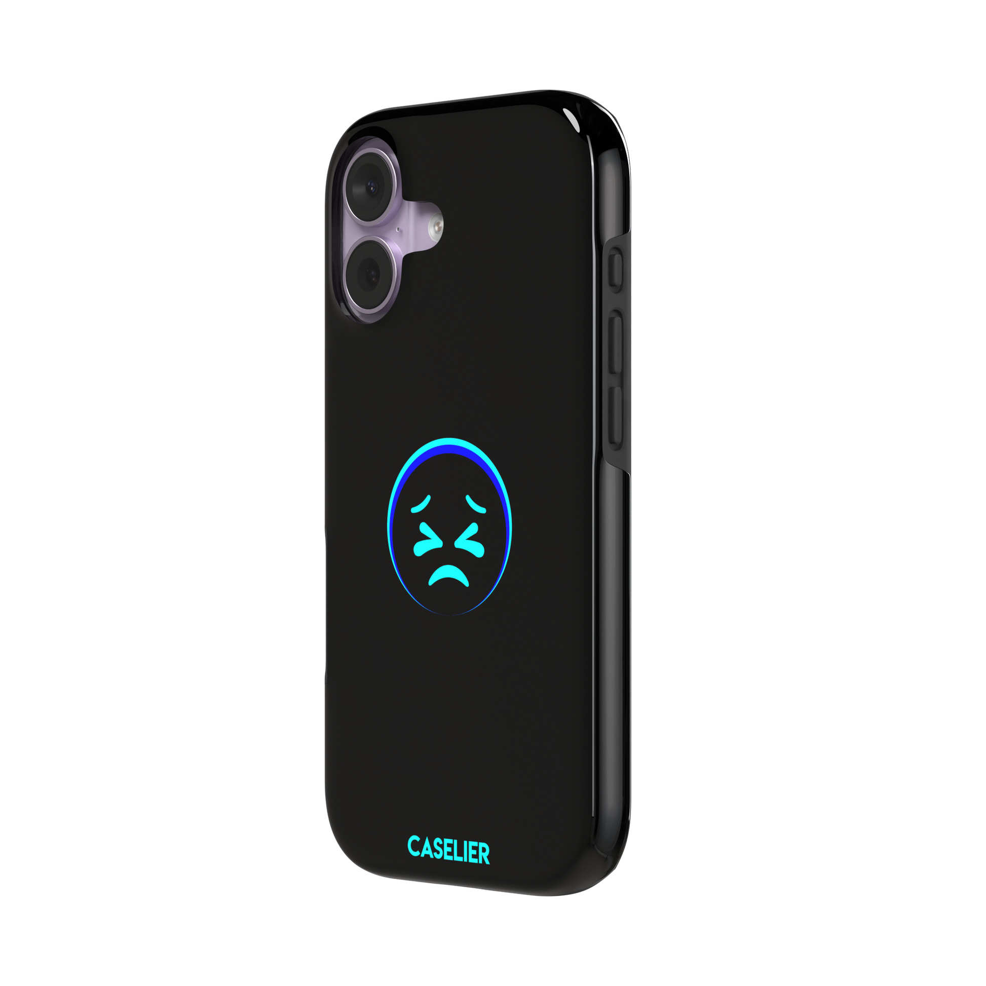 Black phone case with a cyan neon-glow grimacing emoji face centred on the back, phone case by Caselier — tough case, right view