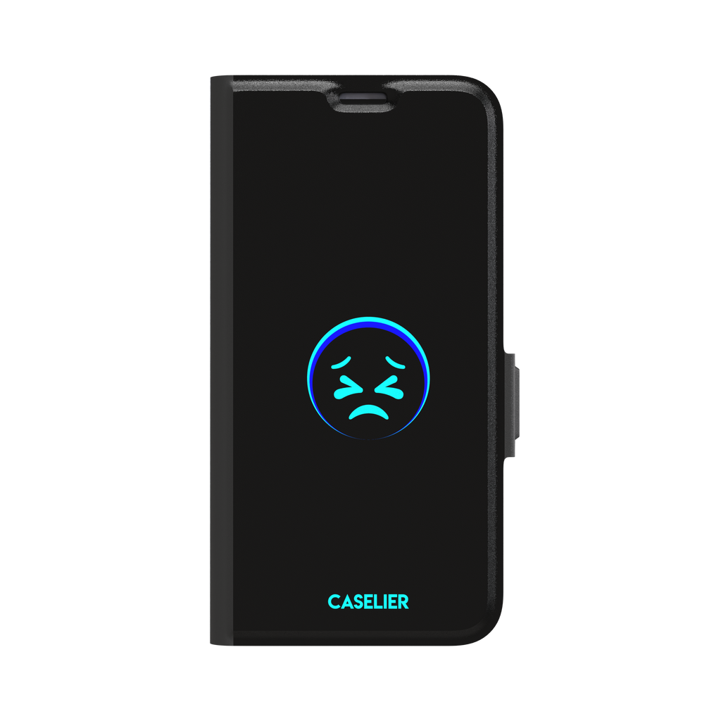 Black phone case with a cyan neon-glow grimacing emoji face centred on the back, phone case by Caselier — wallet case, front view