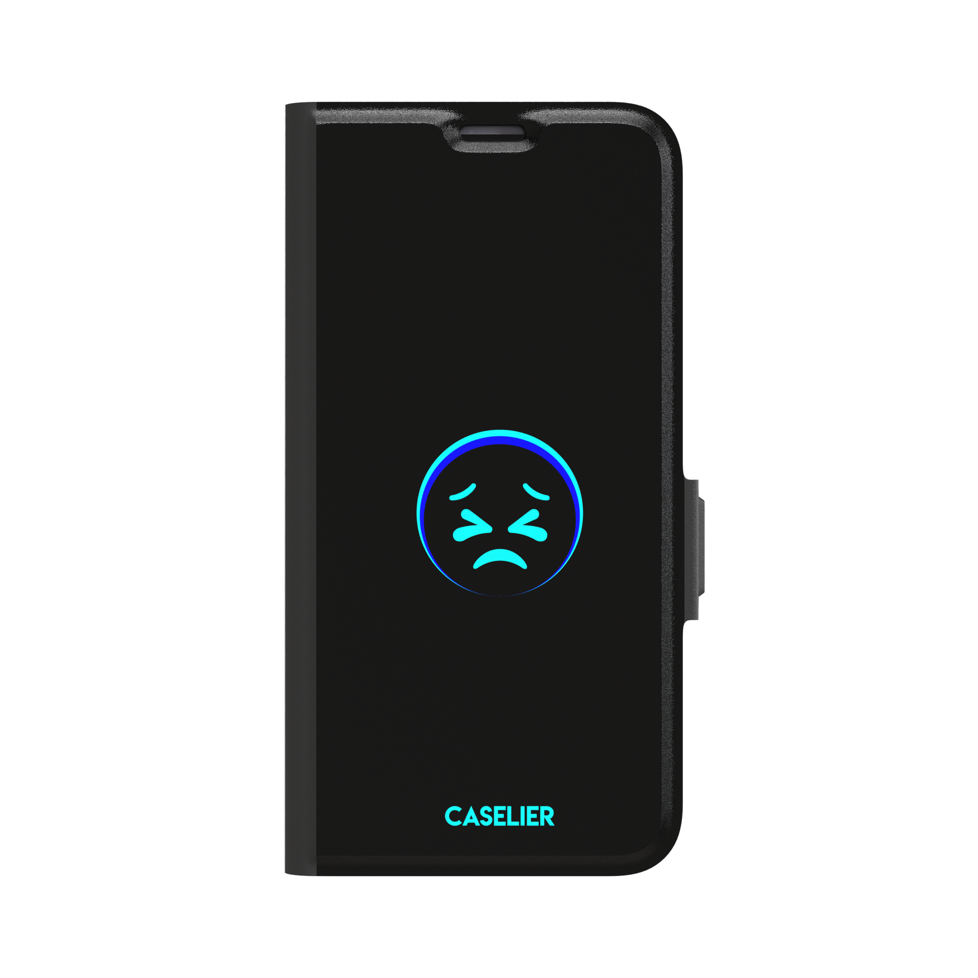 Black phone case with a cyan neon-glow grimacing emoji face centred on the back, phone case by Caselier — wallet case, front view