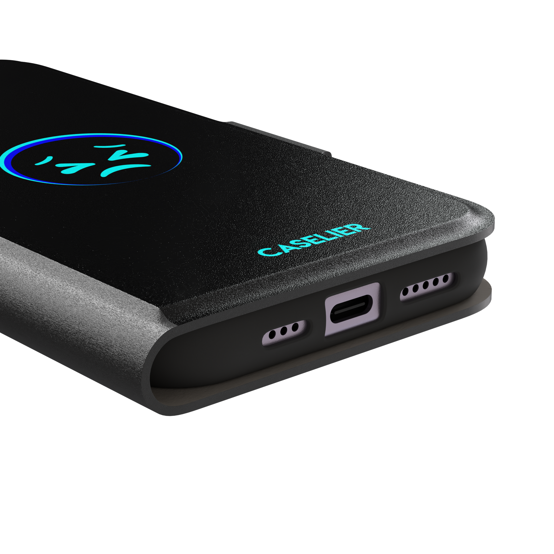 Black phone case with a cyan neon-glow grimacing emoji face centred on the back, phone case by Caselier — wallet case, charging port detail