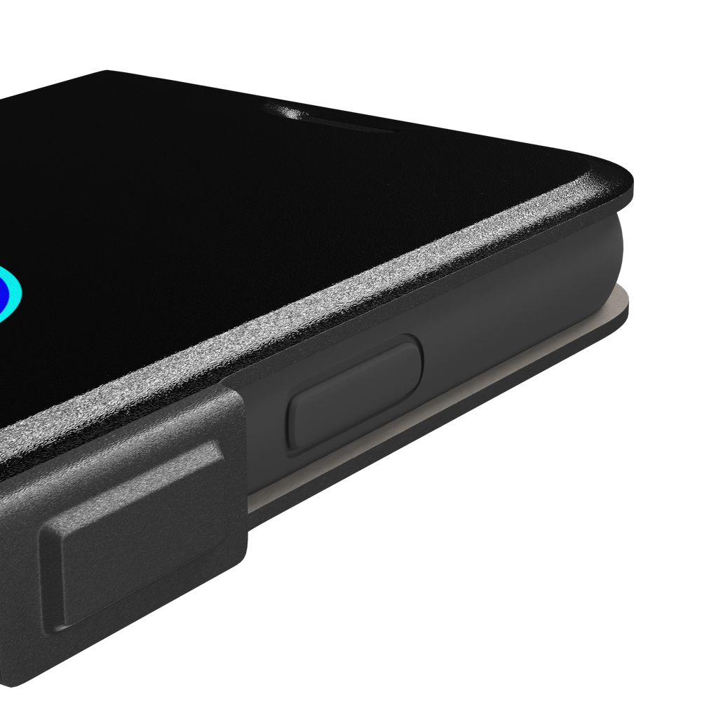 Black phone case with a cyan neon-glow grimacing emoji face centred on the back, phone case by Caselier — wallet case, volume buttons detail