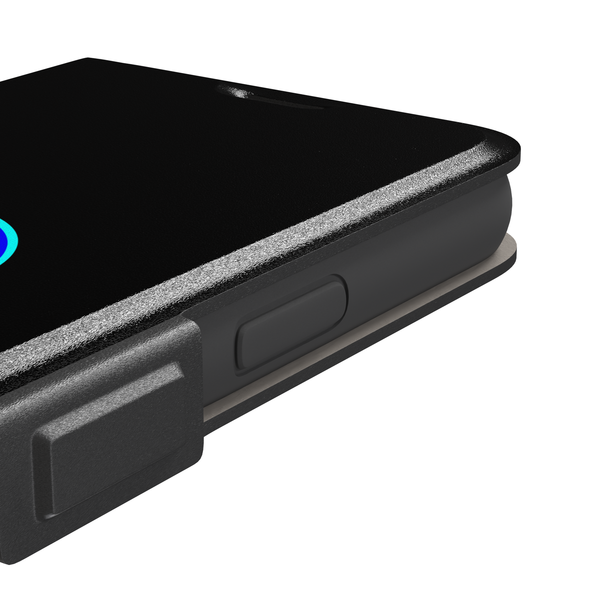 Black phone case with a cyan neon-glow grimacing emoji face centred on the back, phone case by Caselier — wallet case, volume buttons detail