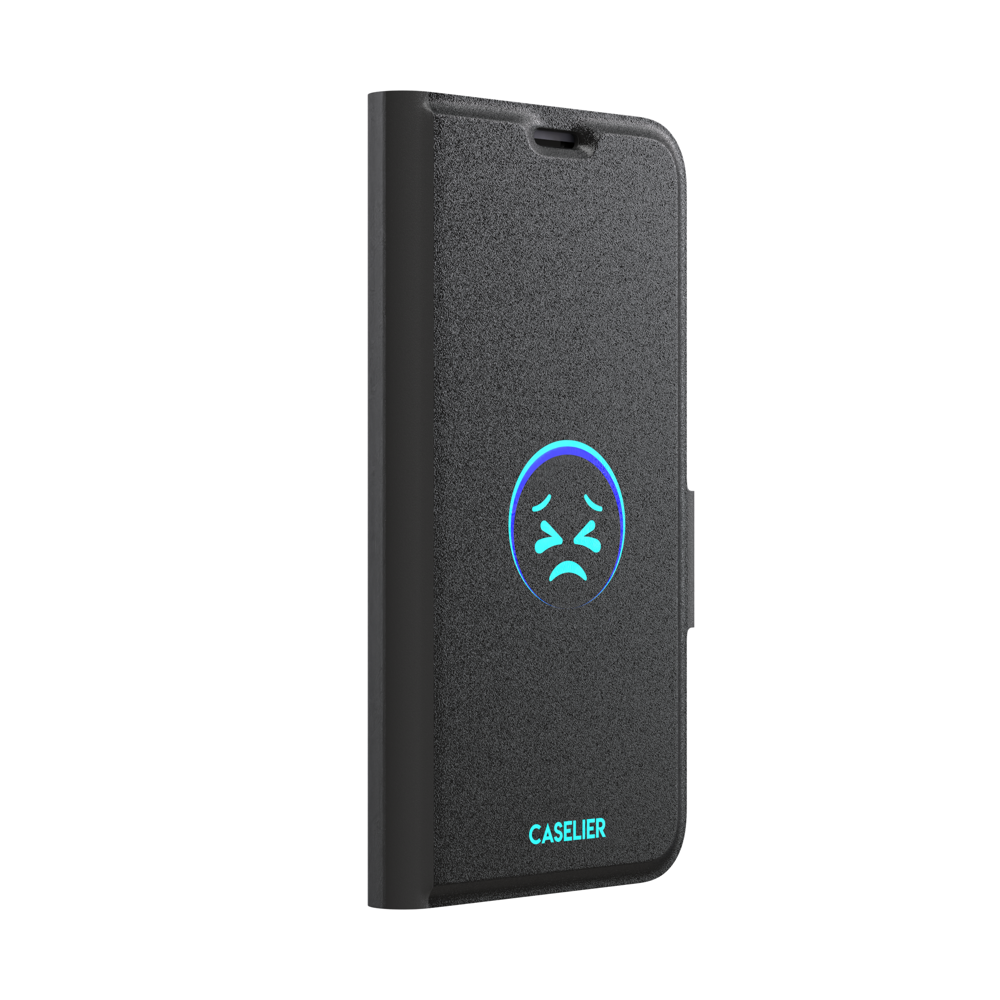 Black phone case with a cyan neon-glow grimacing emoji face centred on the back, phone case by Caselier — wallet case, left view