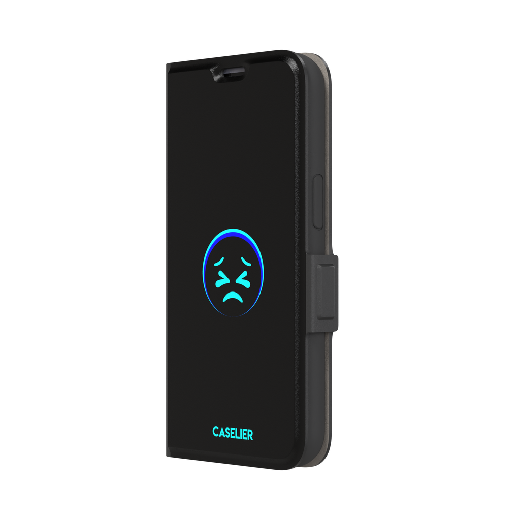 Black phone case with a cyan neon-glow grimacing emoji face centred on the back, phone case by Caselier — wallet case, right view
