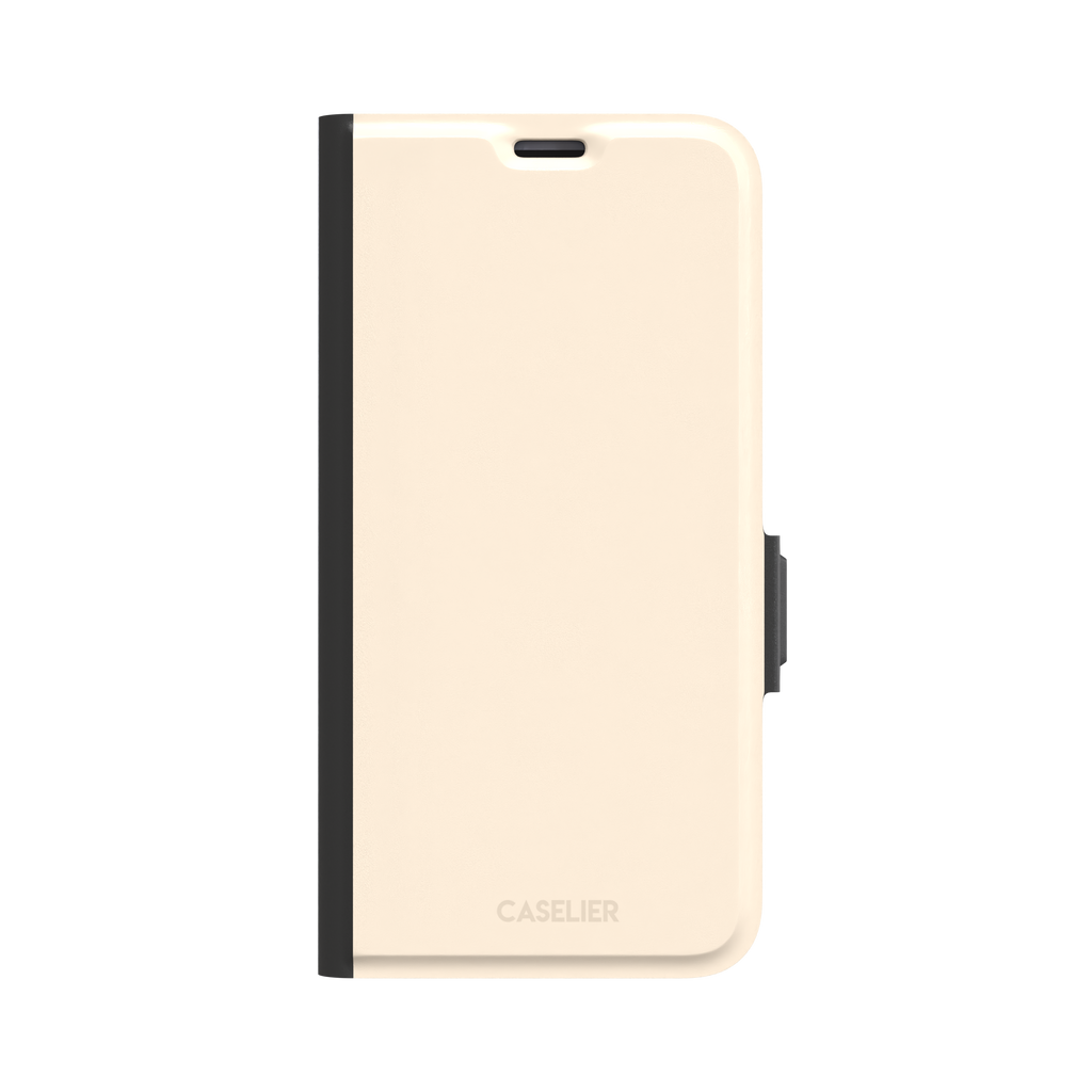 Solid warm cream phone case with soft matte finish on iPhone, phone case by Caselier — wallet case, front view