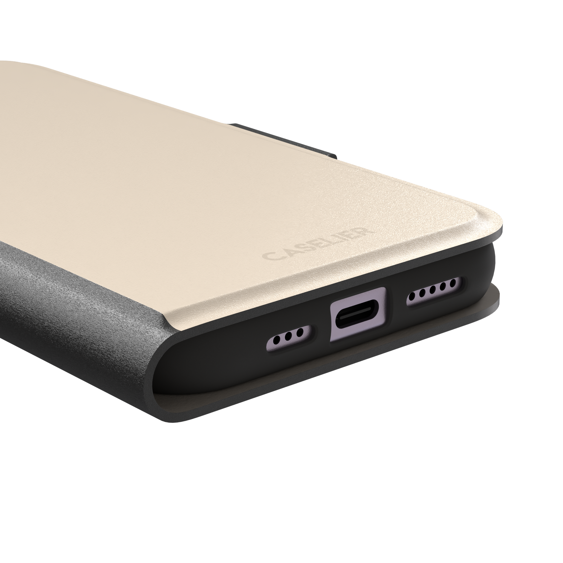 Solid warm cream phone case with soft matte finish on iPhone, phone case by Caselier — wallet case, charging port detail