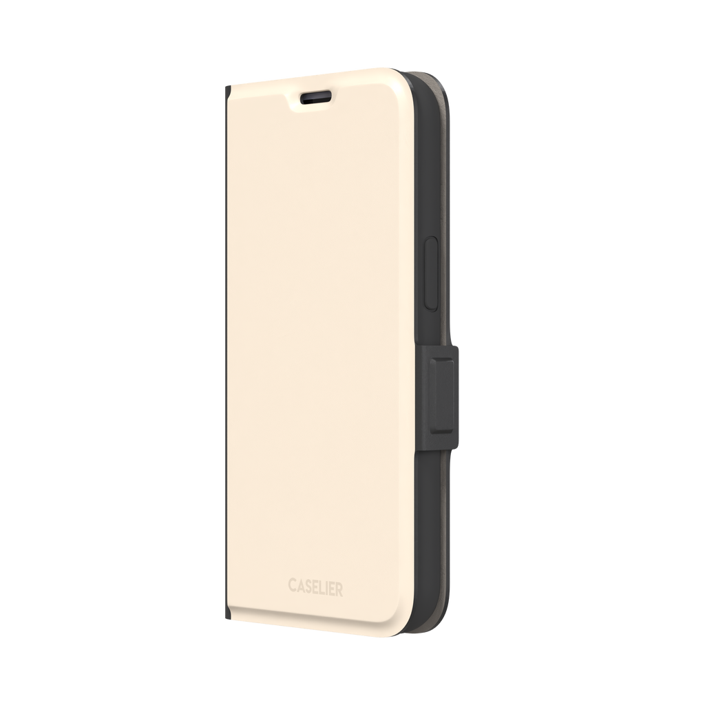 Solid warm cream phone case with soft matte finish on iPhone, phone case by Caselier — wallet case, right view