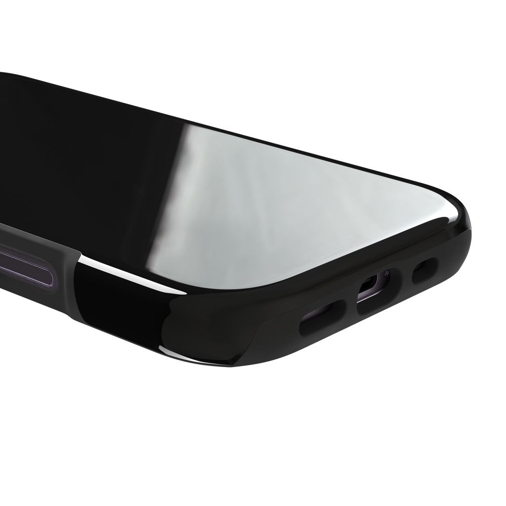 Solid matte black phone case with smooth minimal finish on iPhone, phone case by Caselier — tough case, charging port detail