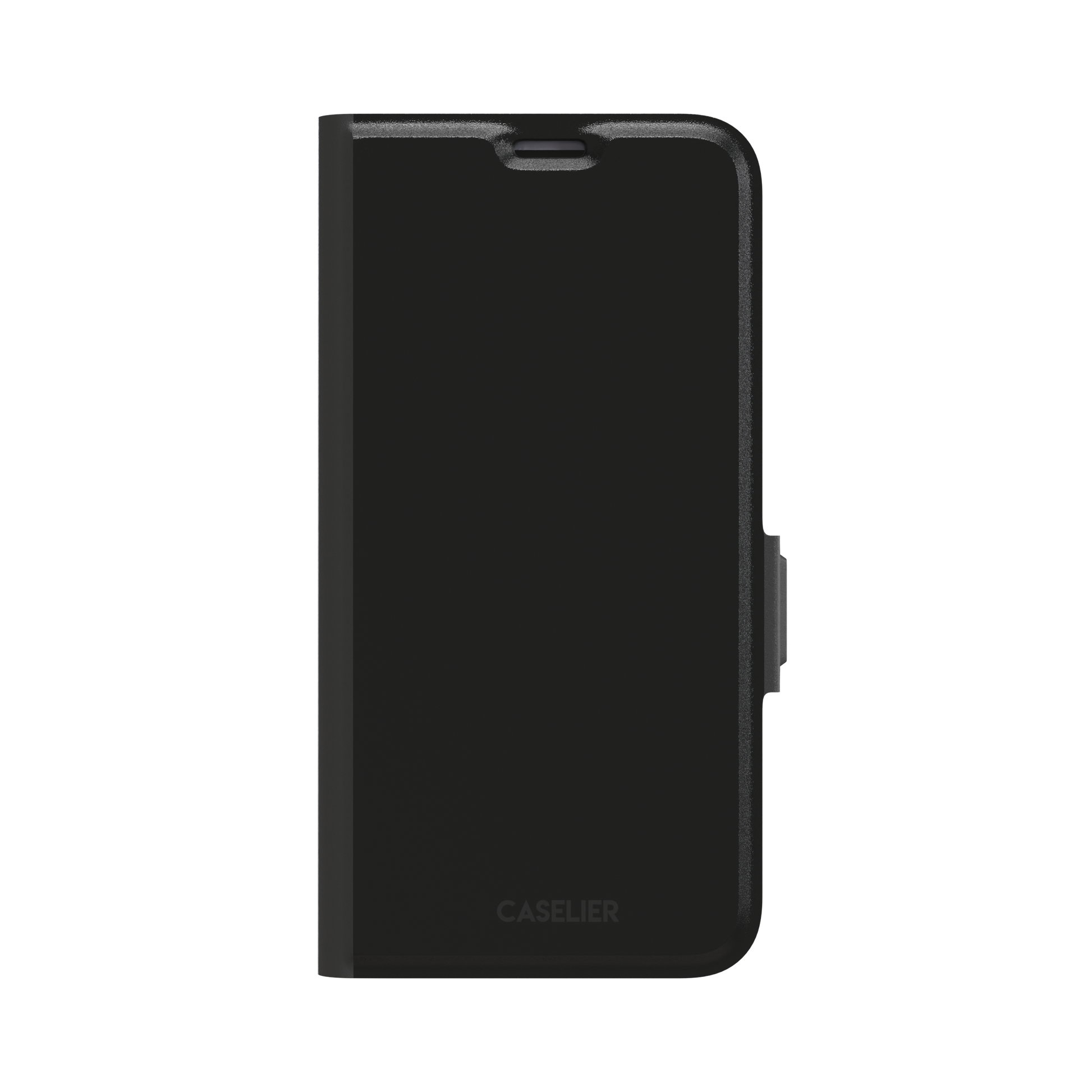 Solid matte black phone case with smooth minimal finish on iPhone, phone case by Caselier — wallet case, front view
