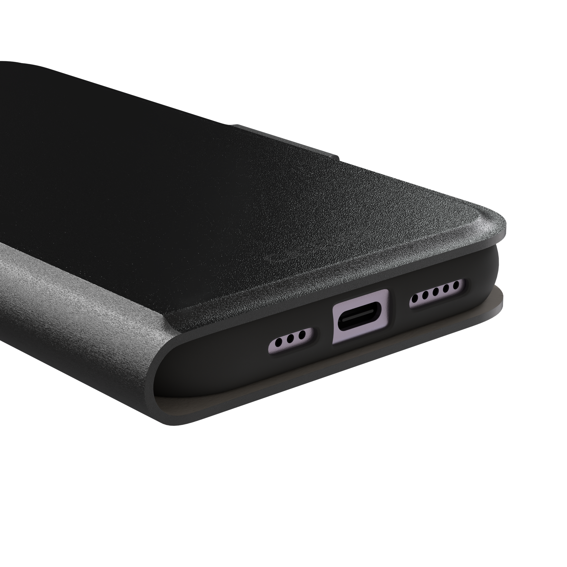 Solid matte black phone case with smooth minimal finish on iPhone, phone case by Caselier — wallet case, charging port detail