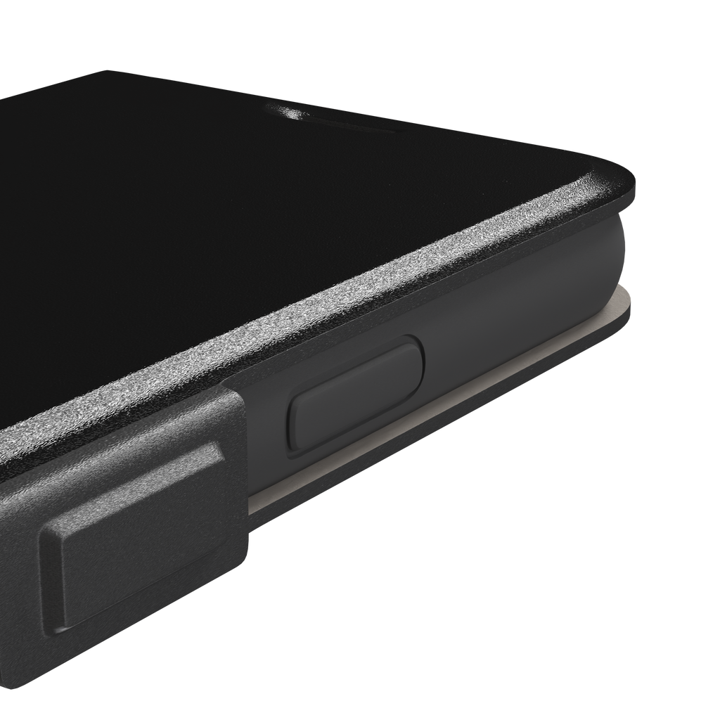Solid matte black phone case with smooth minimal finish on iPhone, phone case by Caselier — wallet case, volume buttons detail
