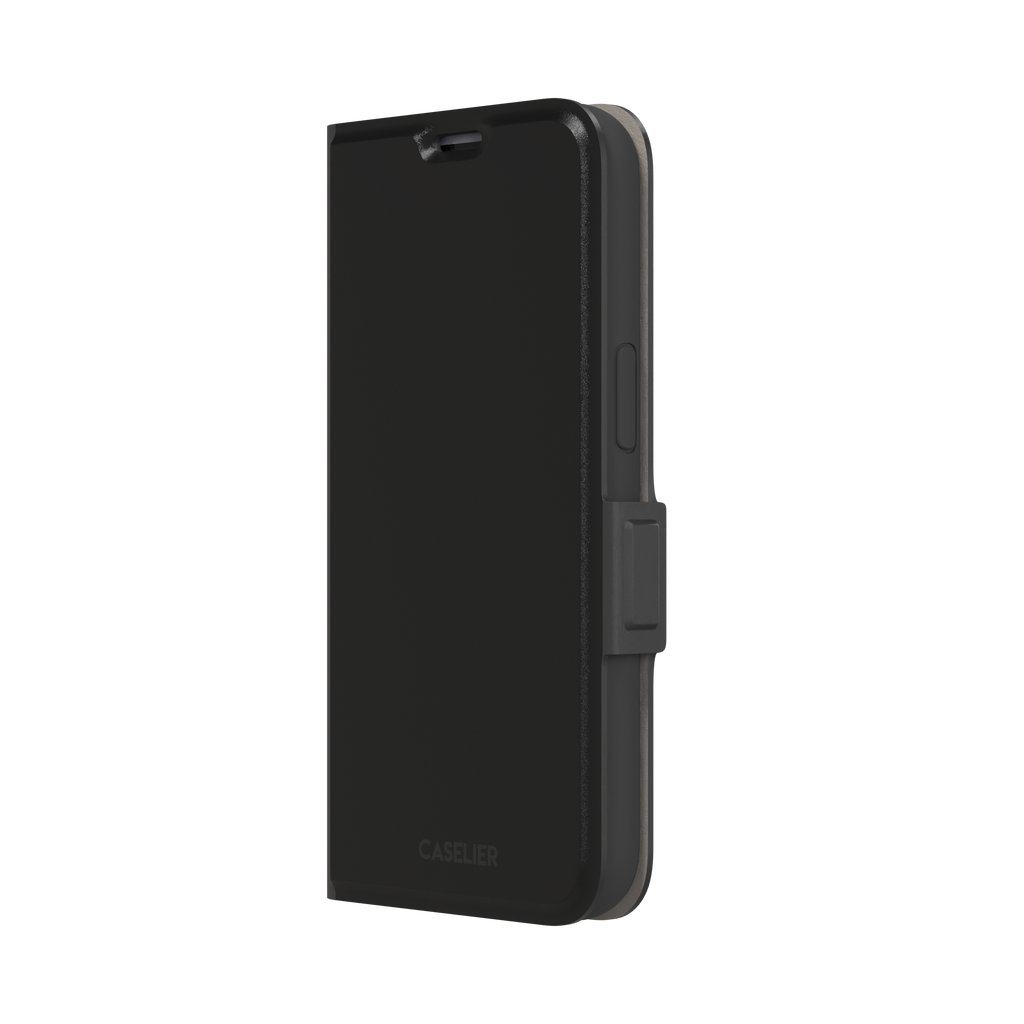 Solid matte black phone case with smooth minimal finish on iPhone, phone case by Caselier — wallet case, right view