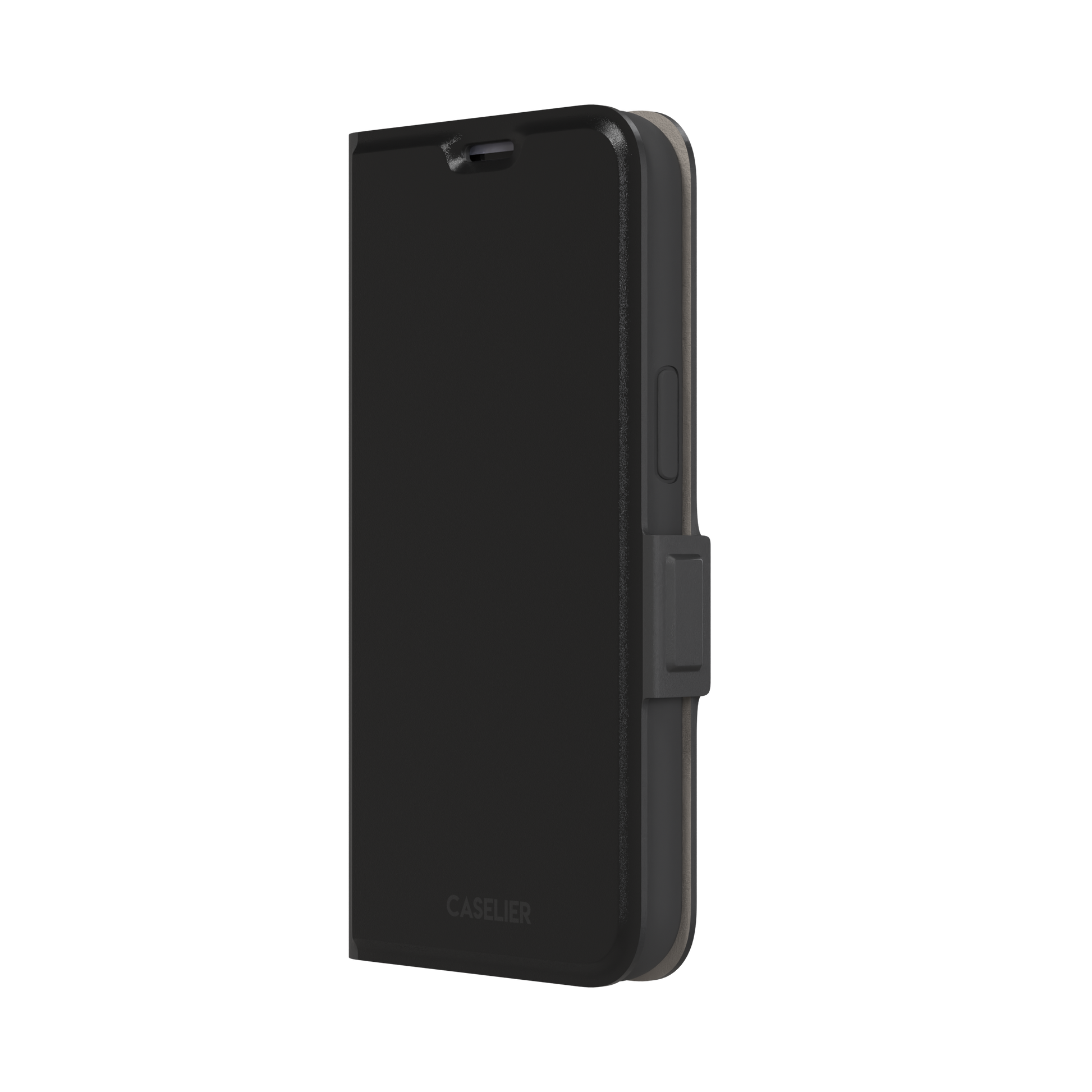 Solid matte black phone case with smooth minimal finish on iPhone, phone case by Caselier — wallet case, right view