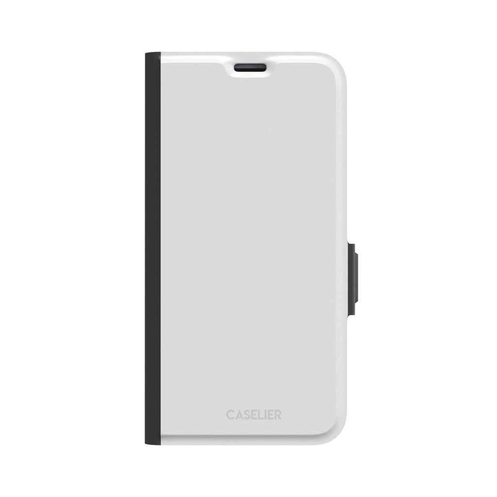 Solid light silver-grey phone case with minimal matte finish on iPhone, phone case by Caselier — wallet case, front view