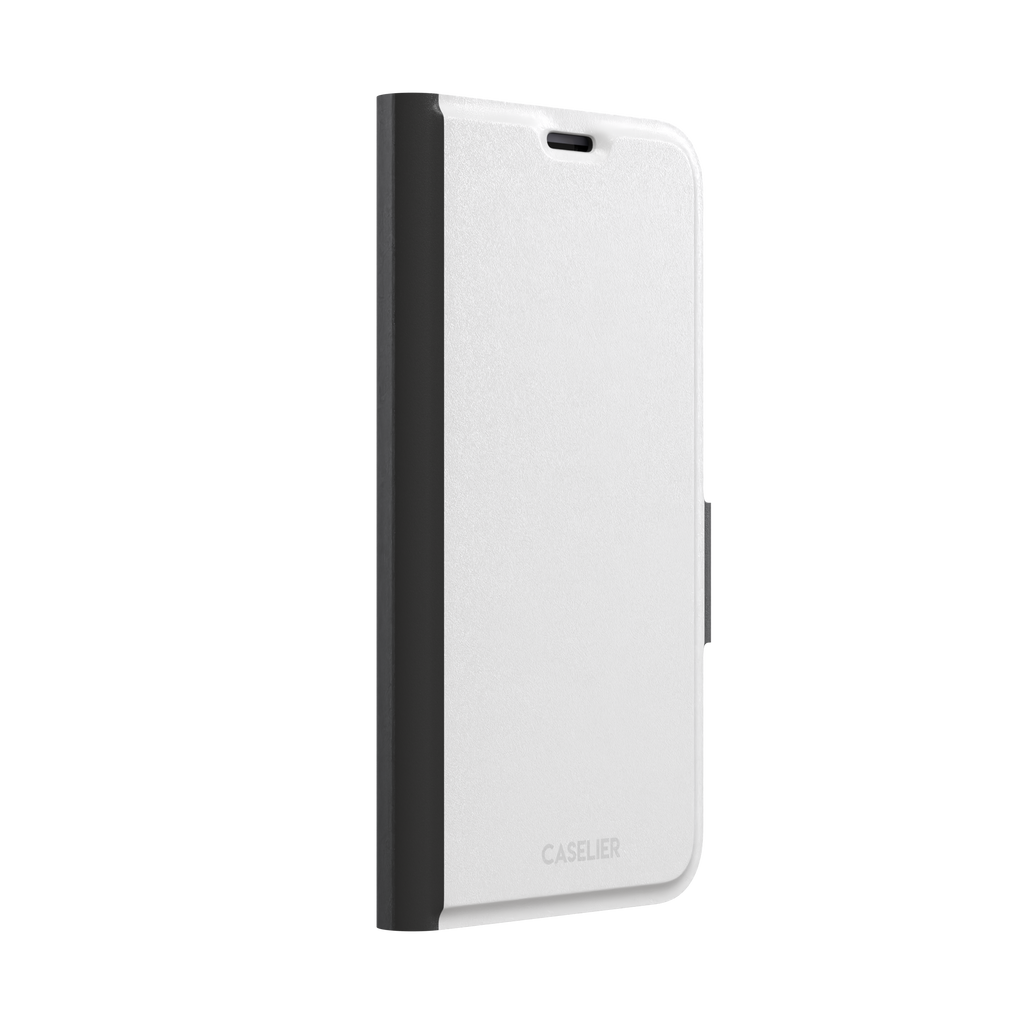 Solid light silver-grey phone case with minimal matte finish on iPhone, phone case by Caselier — wallet case, left view